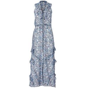 Saloni Lizzie Silk Maxi Dress Blue Ruffle Floral Sleeveless V Neck Tie Waist XS